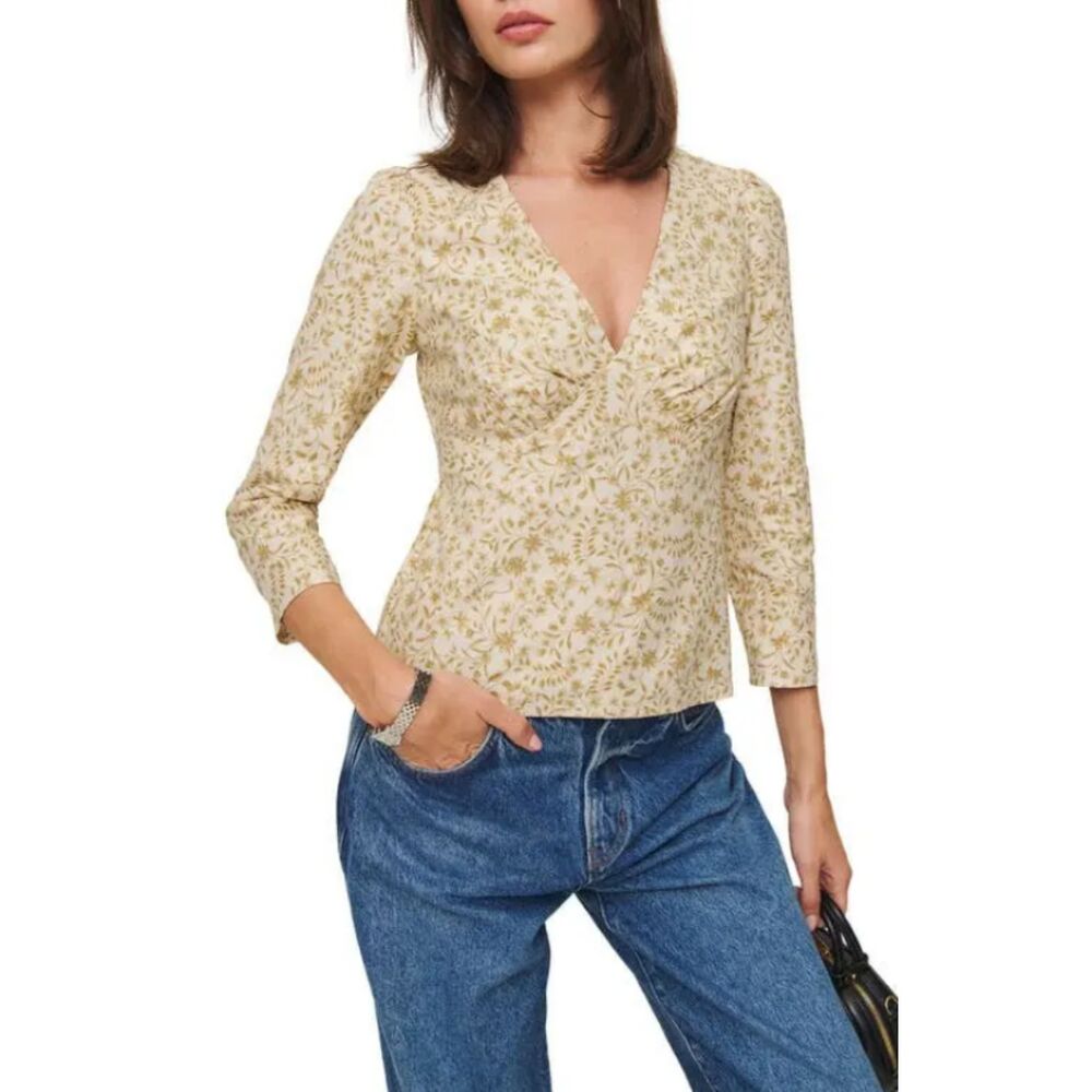 Reformation Marisa Floral V-Neck Tie Back Organic Cotton Blouse Top Sz 10